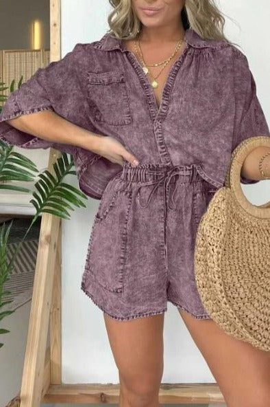 Relaxed fit women's summer fashion set; stylish short sleeve top & comfy bottom for casual or loungewear.