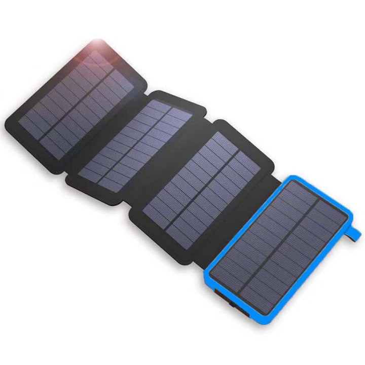 Close-up of SunCore solar power bank 3 USB outputs, strong weatherproof build for camping phone charger
