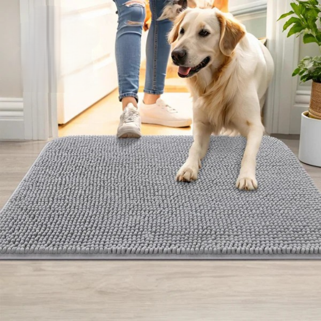 Super absorbent dog mat, PawMat, protects floors from mud, water, and spills. Keeps your home clean.