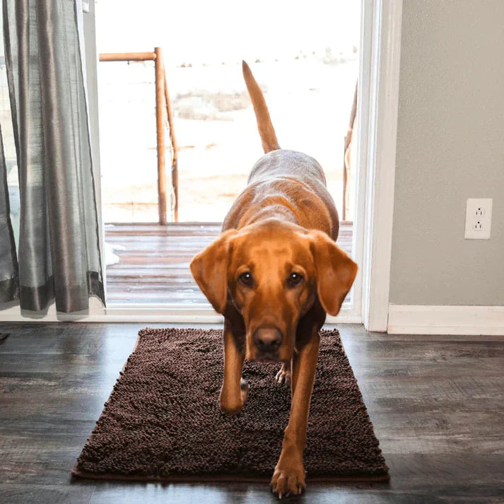 Dries pet paws fast! Chenille absorbent dog mat, PawMat. Non-slip floor protector for clean homes.