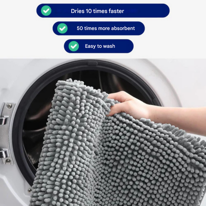 PawMat super absorbent dog mat, a washable chenille floor protector. Essential pet accessory for clean homes.