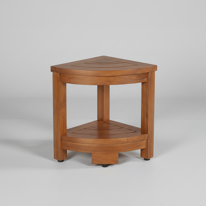 Unisex teak wood corner bench for shower, water-resistant with storage, enhancing home improvement and safety.
