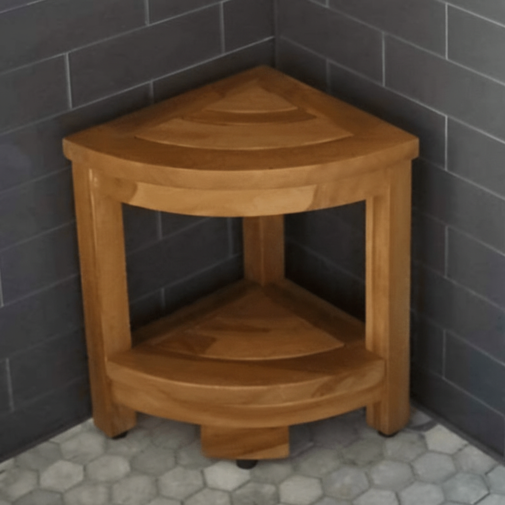 Compact teak bathroom shower stool, corner design, non-slip, with shelf for storage, perfect for small showers.