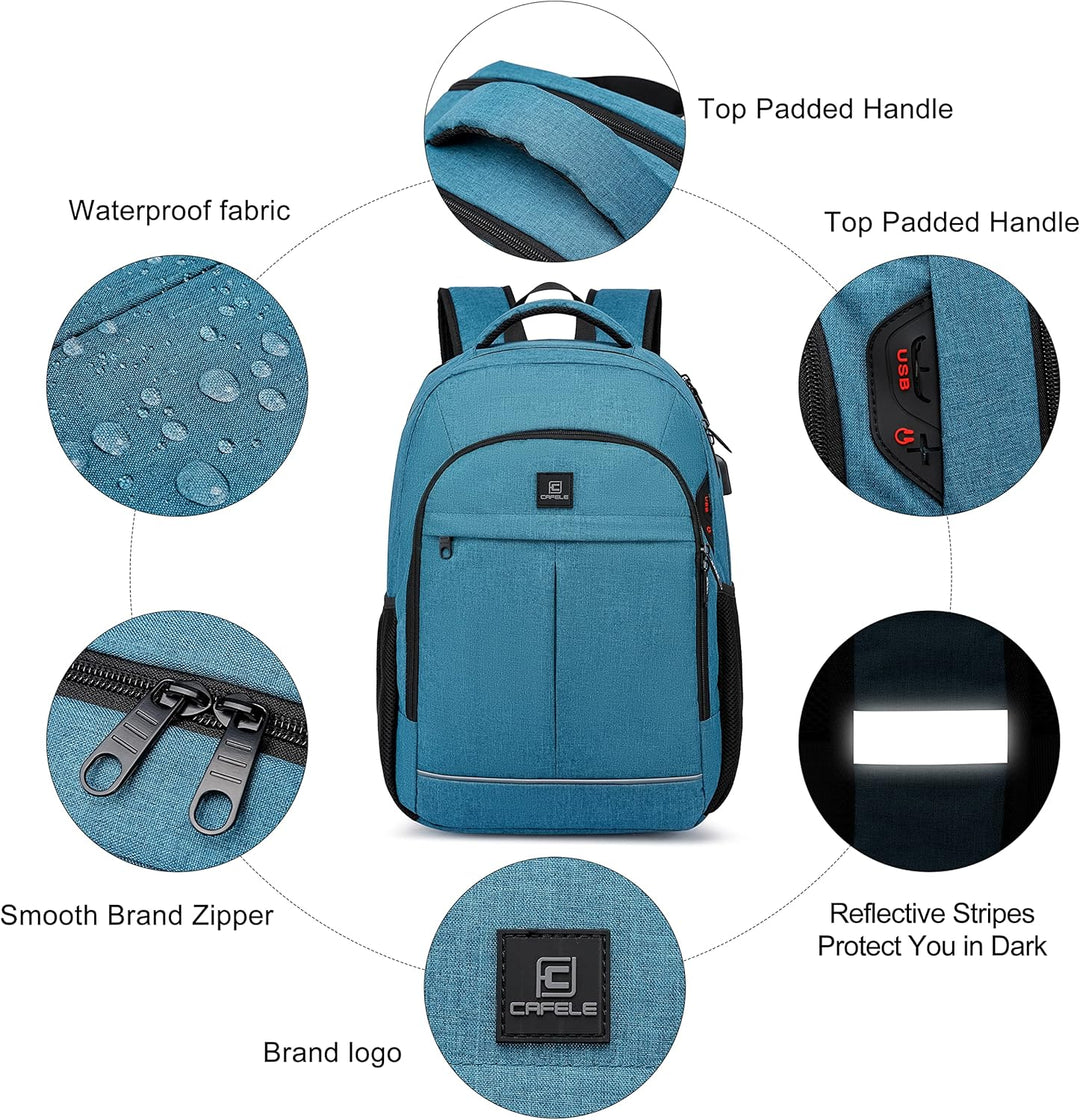 TechPro water-resistant anti-theft backpack for laptops, showing hidden pockets & USB port