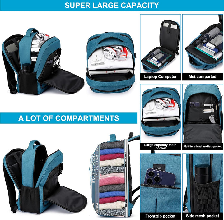 Front view of black TechPro laptop backpack, water-resistant, with USB charging access