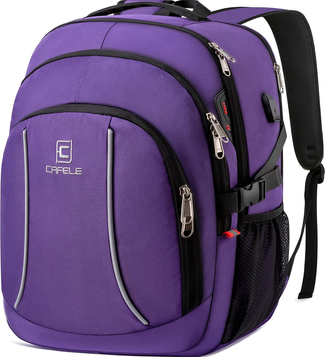Close-up of USB charging port on a water-resistant anti-theft laptop backpack for tech users