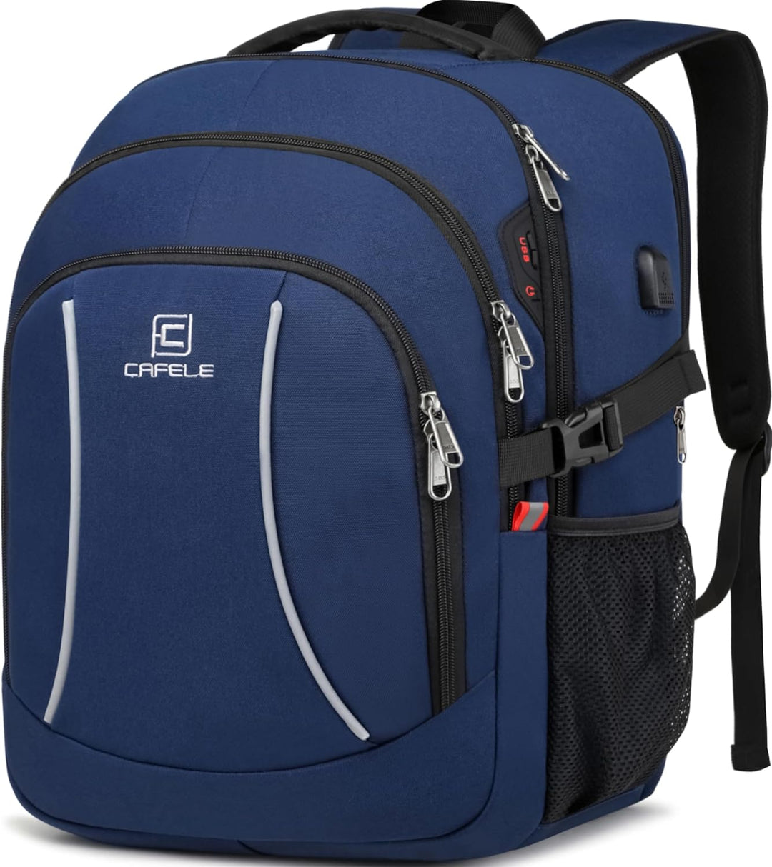 Interior view of water-resistant laptop backpack showing padded compartment & USB cable access
