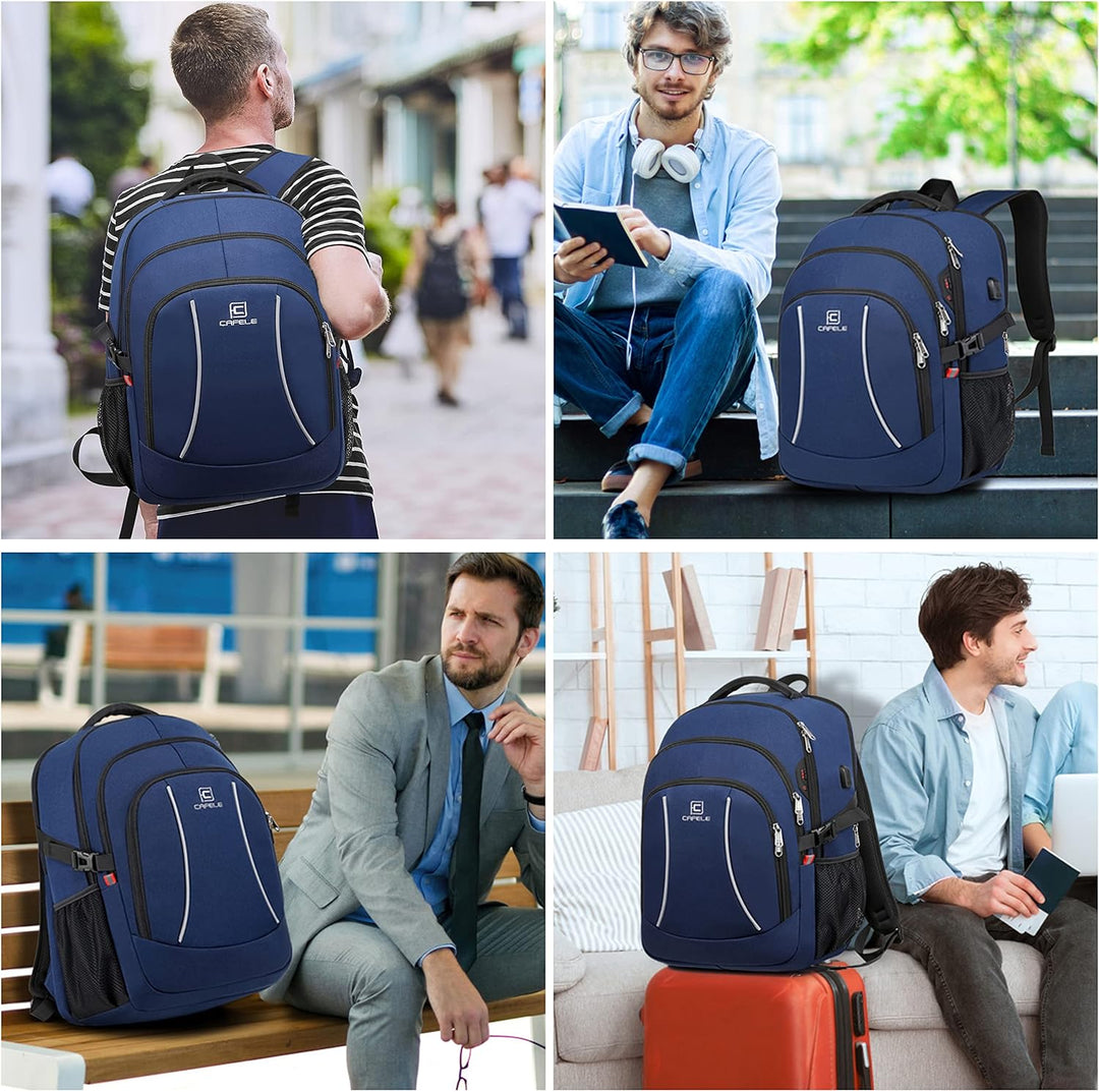Person wearing a black water-resistant laptop backpack with USB port during daily commute
