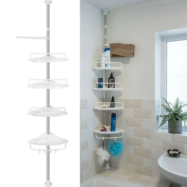 Telescopic bathroom shower caddy with 4 adjustable shelves, rust-resistant no-drill corner bath storage organizer.