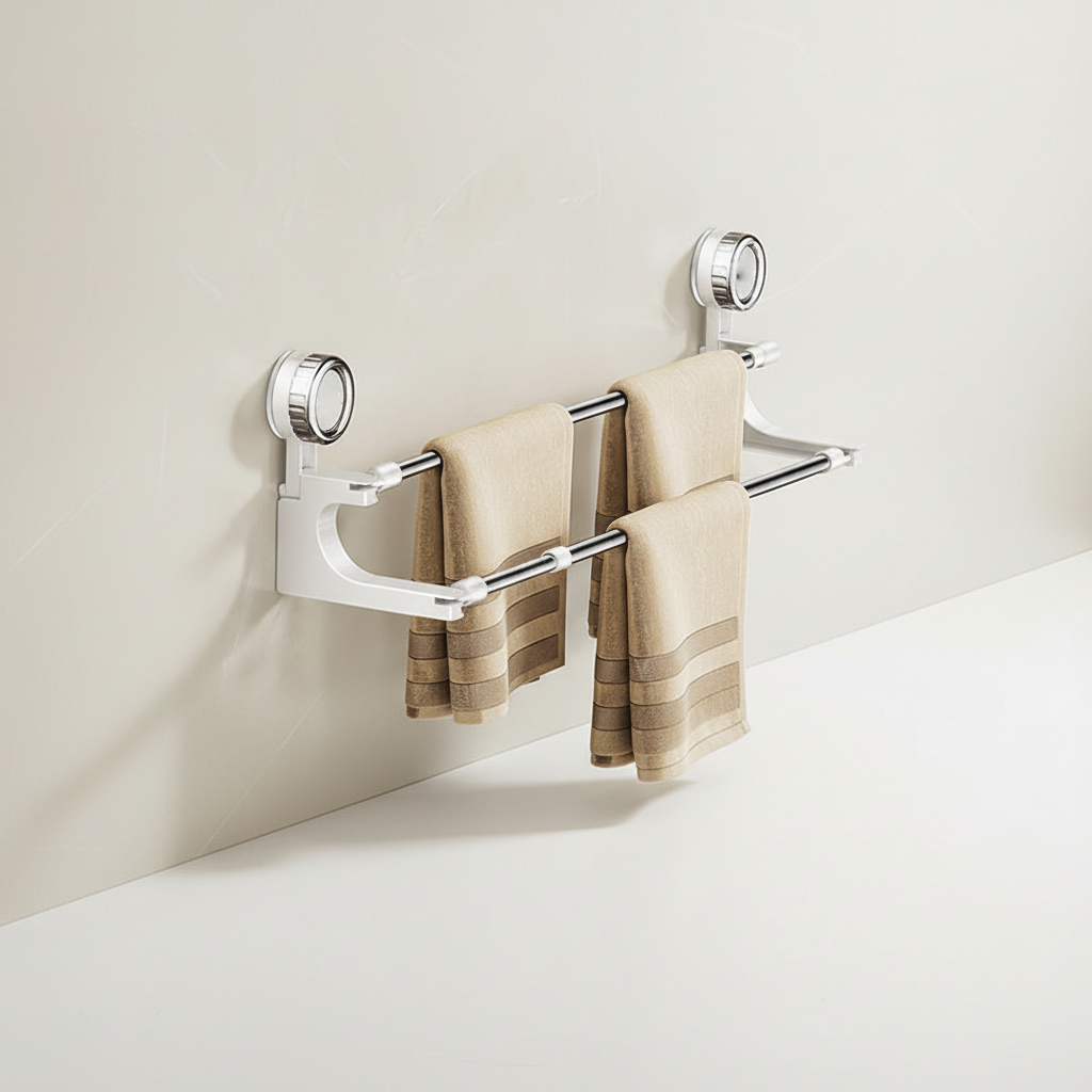 Close-up of VentoRack telescopic double towel rail, stainless steel, showing suction cup and extending feature.