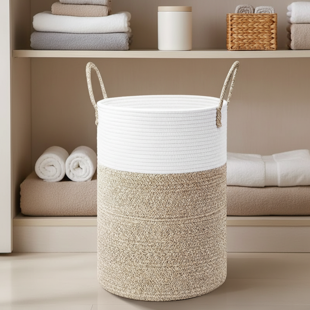 TidyLoop round cotton folding laundry basket, portable home storage organizer for clothes or toys
