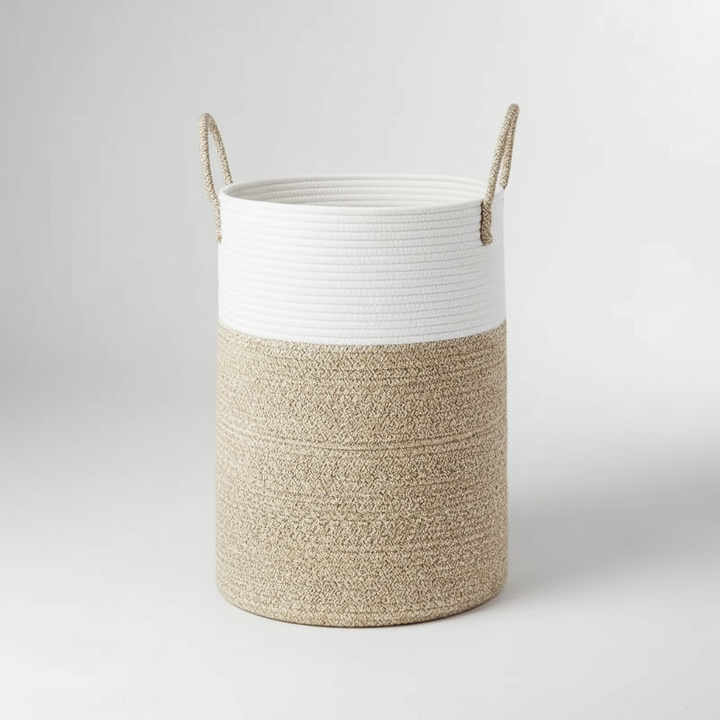 Close-up of TidyLoop round cotton laundry basket folded for easy storage, versatile home decor