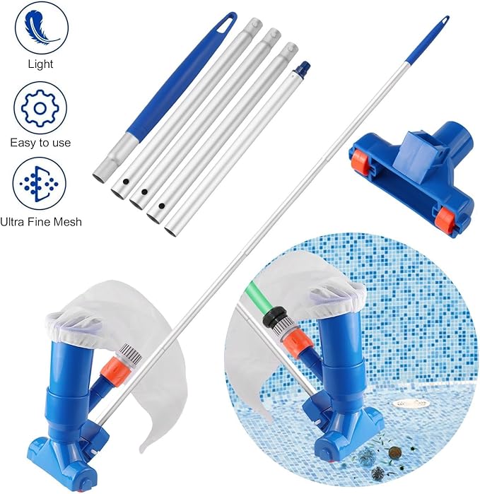 Manual pool vacuum cleaner, connects to garden hose, for easy debris removal and water cleaning.