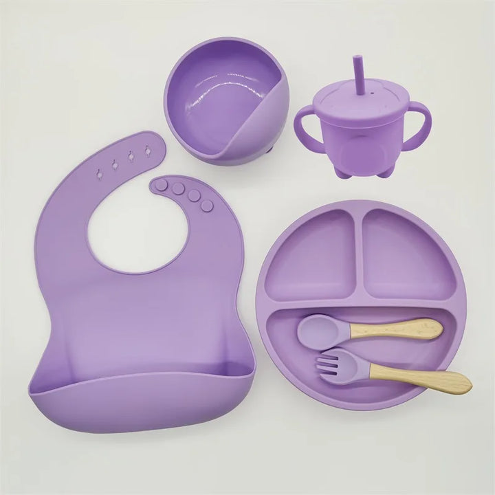 Modern BPA-free silicone baby feeding set with non-slip suction plate, durable & safe.