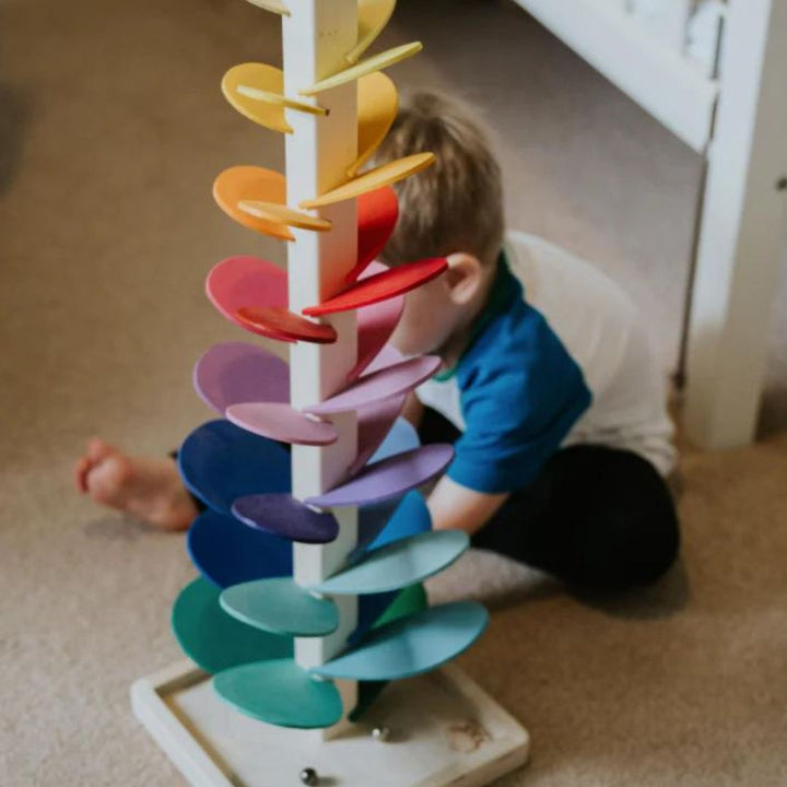 Toddler wooden sound tree marble run, colorful chimes and natural wood for fun learning.