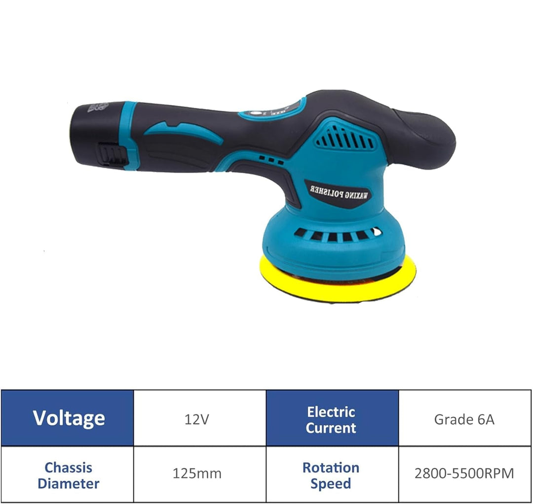 Torvex 8-speed cordless car polisher kit showing main unit, dual batteries, and accessories