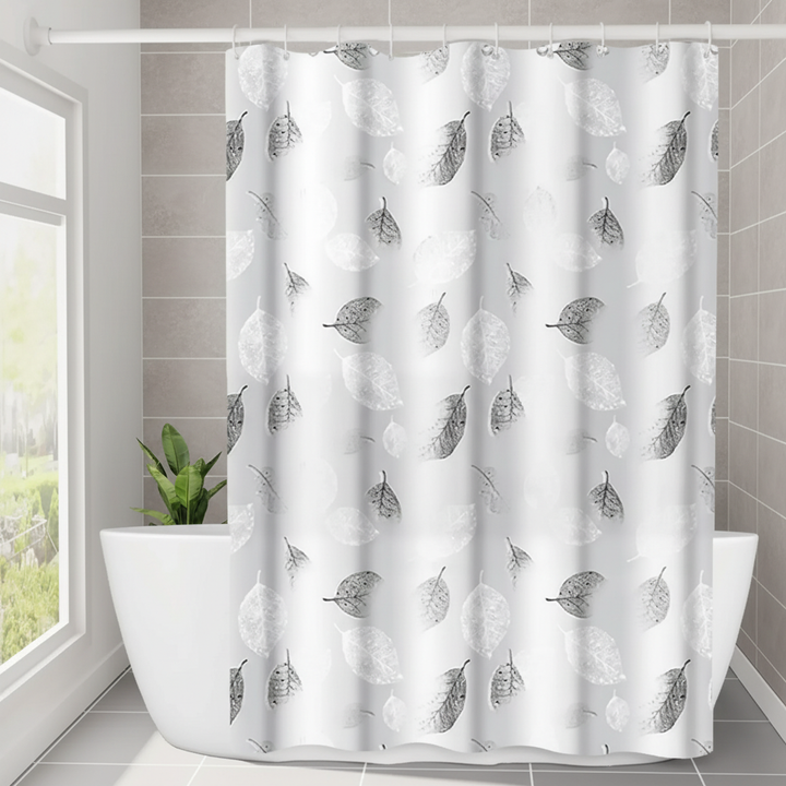 Transparent shower curtain with delicate aqua leaf motif, perfect for contemporary bathroom decor. AquaLeaf