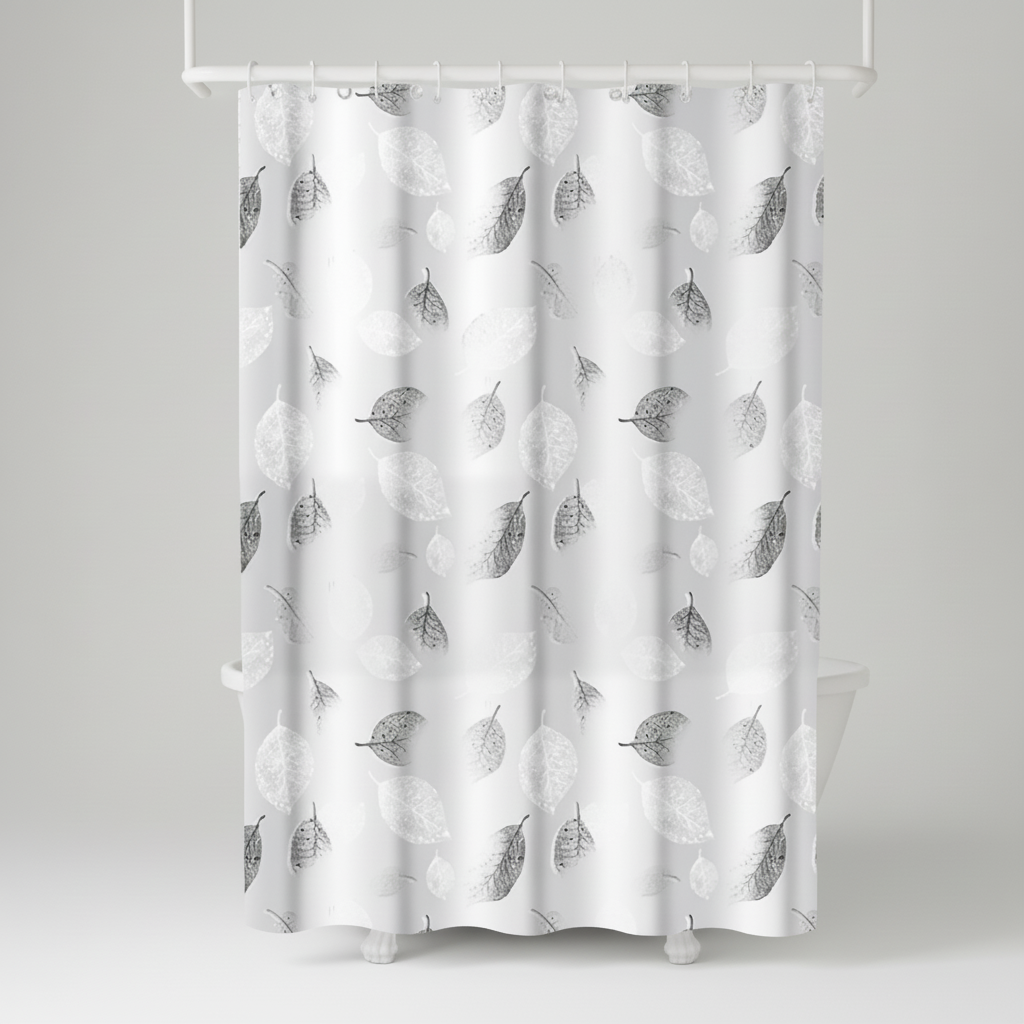 Modern transparent shower curtain with an aqua leaf pattern, designed for easy maintenance. Water repellent.