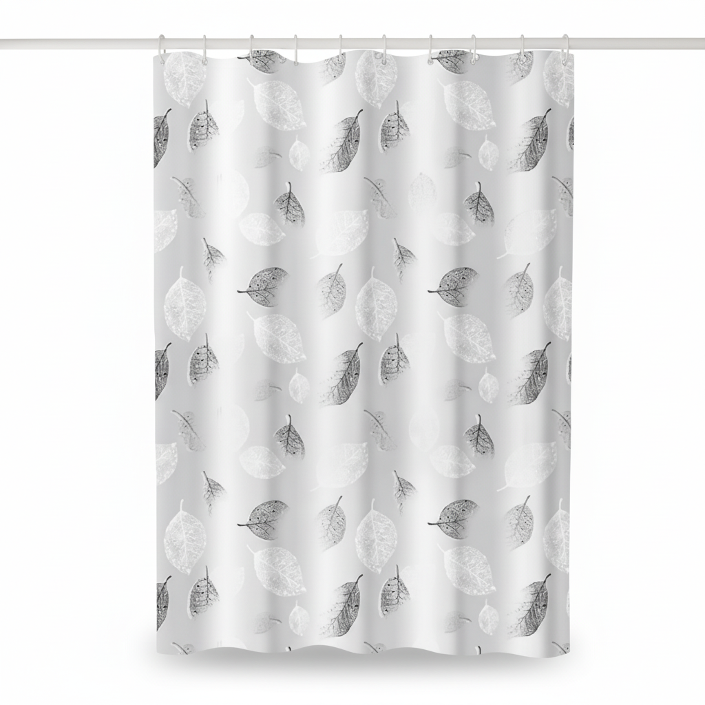Stylish transparent shower curtain, AquaLeaf, featuring a graceful leaf motif for a refreshing bathroom look.