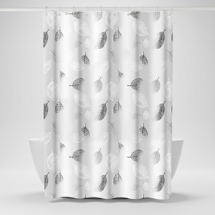 Close-up of water-repellent transparent shower curtain, highlighting the elegant leaf pattern. AquaLeaf