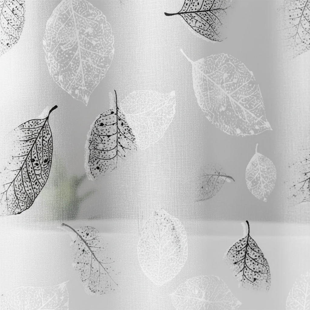 Full view of easy-to-install transparent shower curtain featuring a soft aqua leaf design. Home Goods