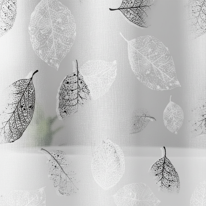 Full view of easy-to-install transparent shower curtain featuring a soft aqua leaf design. Home Goods
