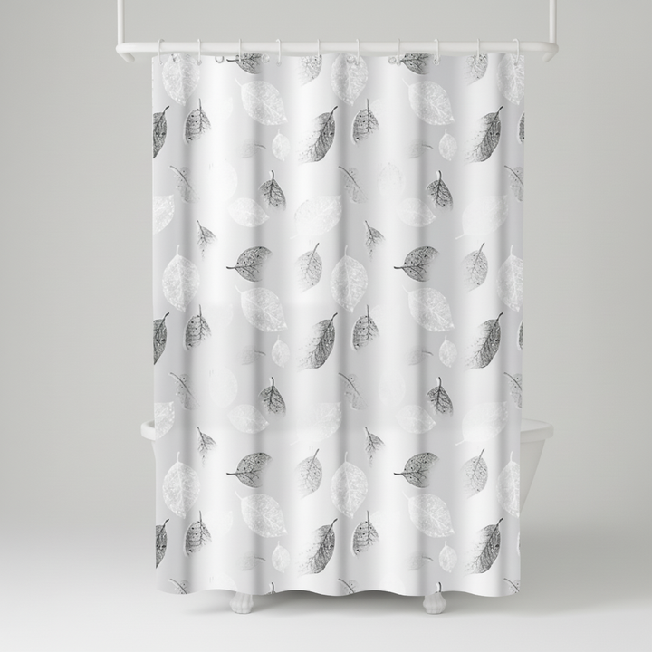 Lightweight shower curtain, transparent with a beautiful aqua leaf design, simple to hang. Water repellent.