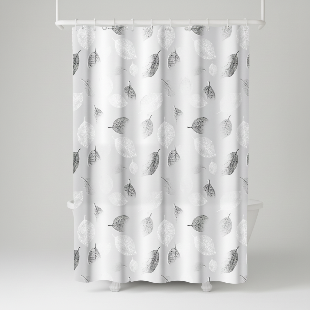 Detail of the leaf pattern on a transparent, quick-dry shower curtain named AquaLeaf. Home Goods decor.