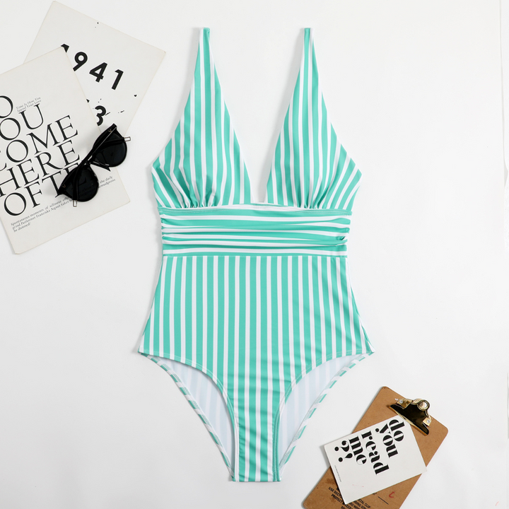 Full-length view of Lina women's striped V-neck swimsuit with adjustable straps