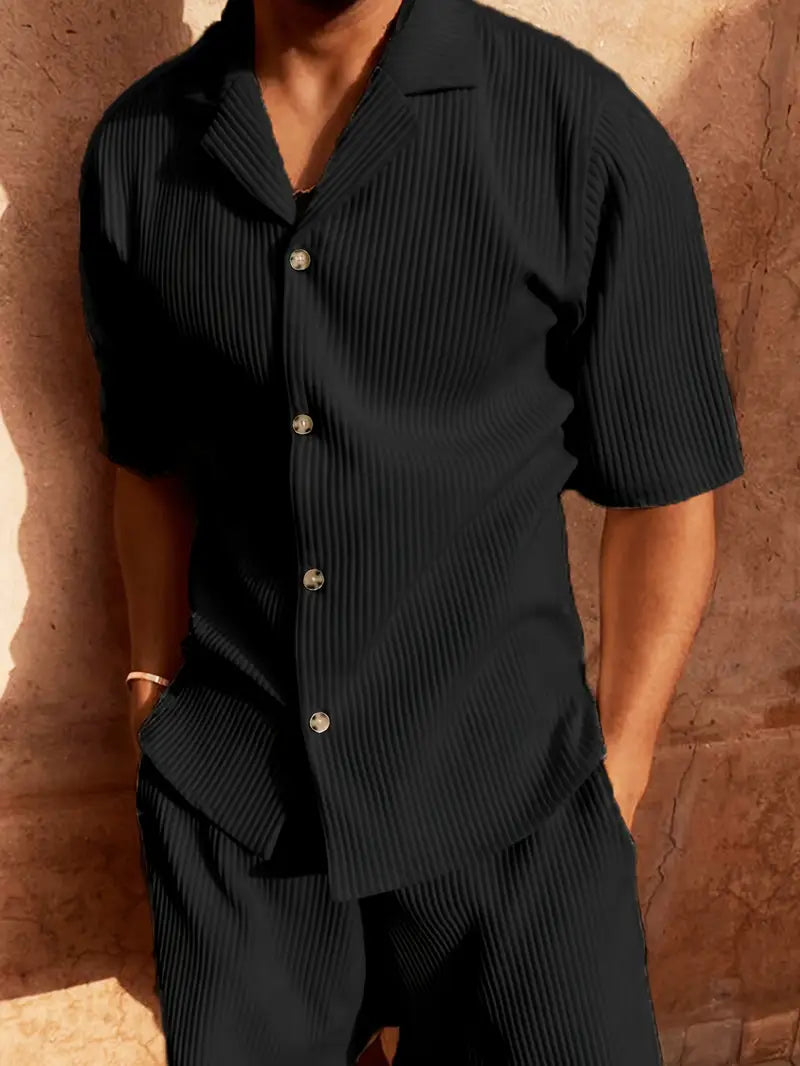 Trendy men's corduroy summer set in light blue, perfect for casual, breathable shorts outfit.