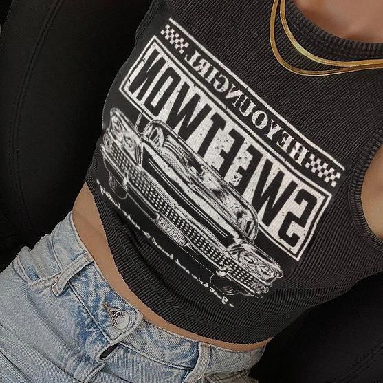 Casual women's short-sleeve crop top with an eye-catching car print. This round neck tee is a trendy summer statement.