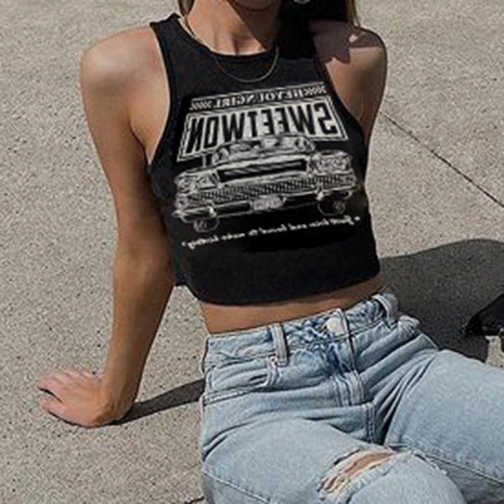 Fashionable women's crop top featuring a cool car graphic print. Round neck & short sleeves for a trendy, casual summer outfit.