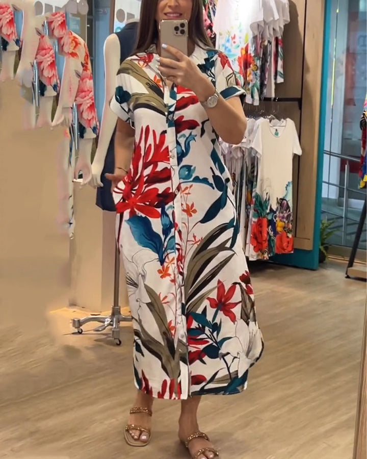Elegant floral print shirt collar midi dress for women, a versatile casual dress for spring and summer outings.
