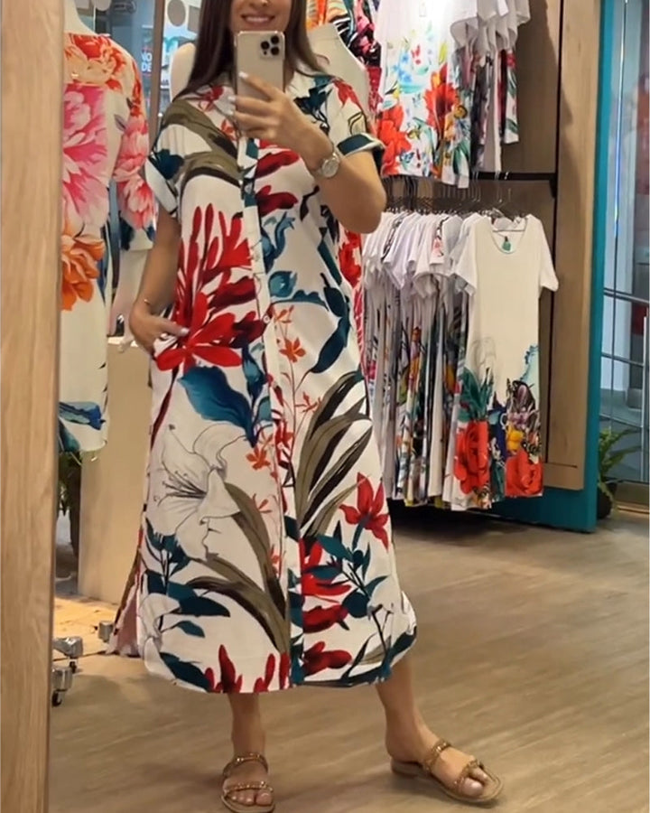 Full view of a comfortable women's floral print midi dress, with a flattering silhouette and trendy shirt collar.