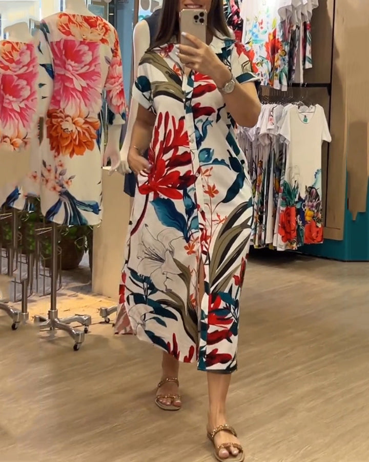 Women's short sleeve floral midi dress, a fashionable and comfortable choice for a trendy spring and summer look.