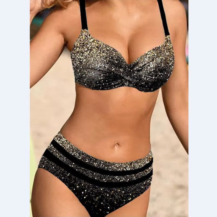 Trendy women's high-waisted bikini set for summer beachwear. Stylish padded swimsuit, quick-drying fashion.