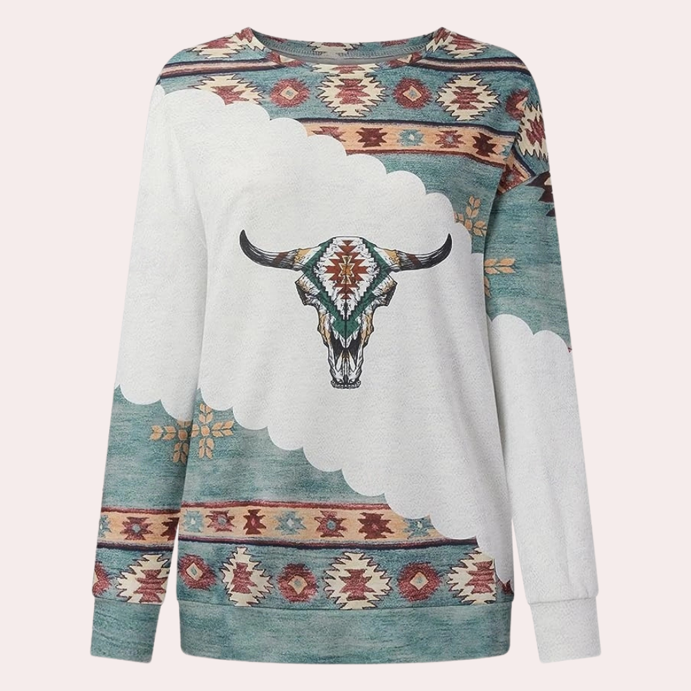 Women's trendy printed long sleeve sweatshirt. Features a stylish graphic, ideal for casual everyday wear.