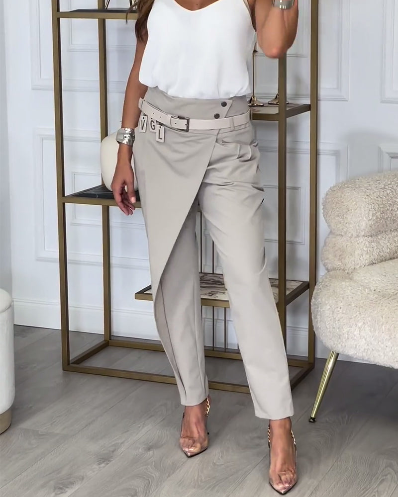 Trendy women's patchwork trousers with belt, comfortable cotton fashion style.