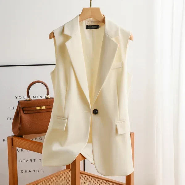 Women's trendy sleeveless blazer vest with a stylish lapel collar. Versatile outerwear for modern fashion.