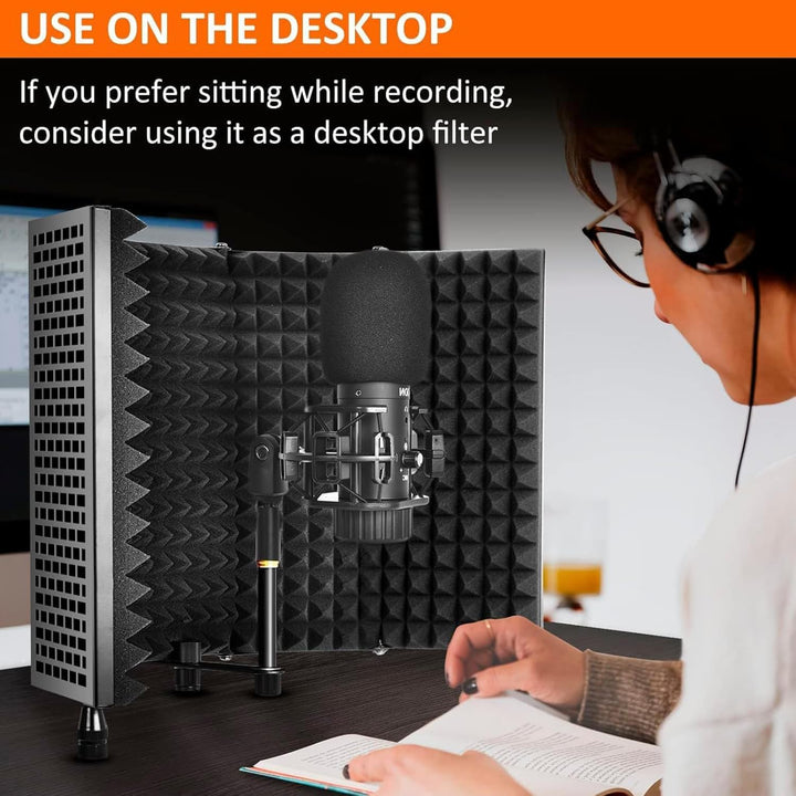 Professional microphone isolation shield with acoustic foam & tripod stand for home studio