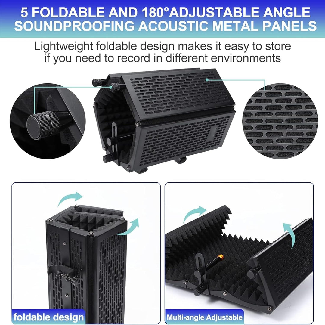 Foldable microphone sound shield and portable tripod stand, ideal for podcast gear setup