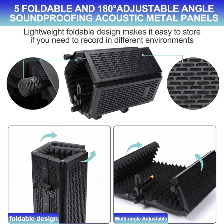 Foldable microphone sound shield and portable tripod stand, ideal for podcast gear setup