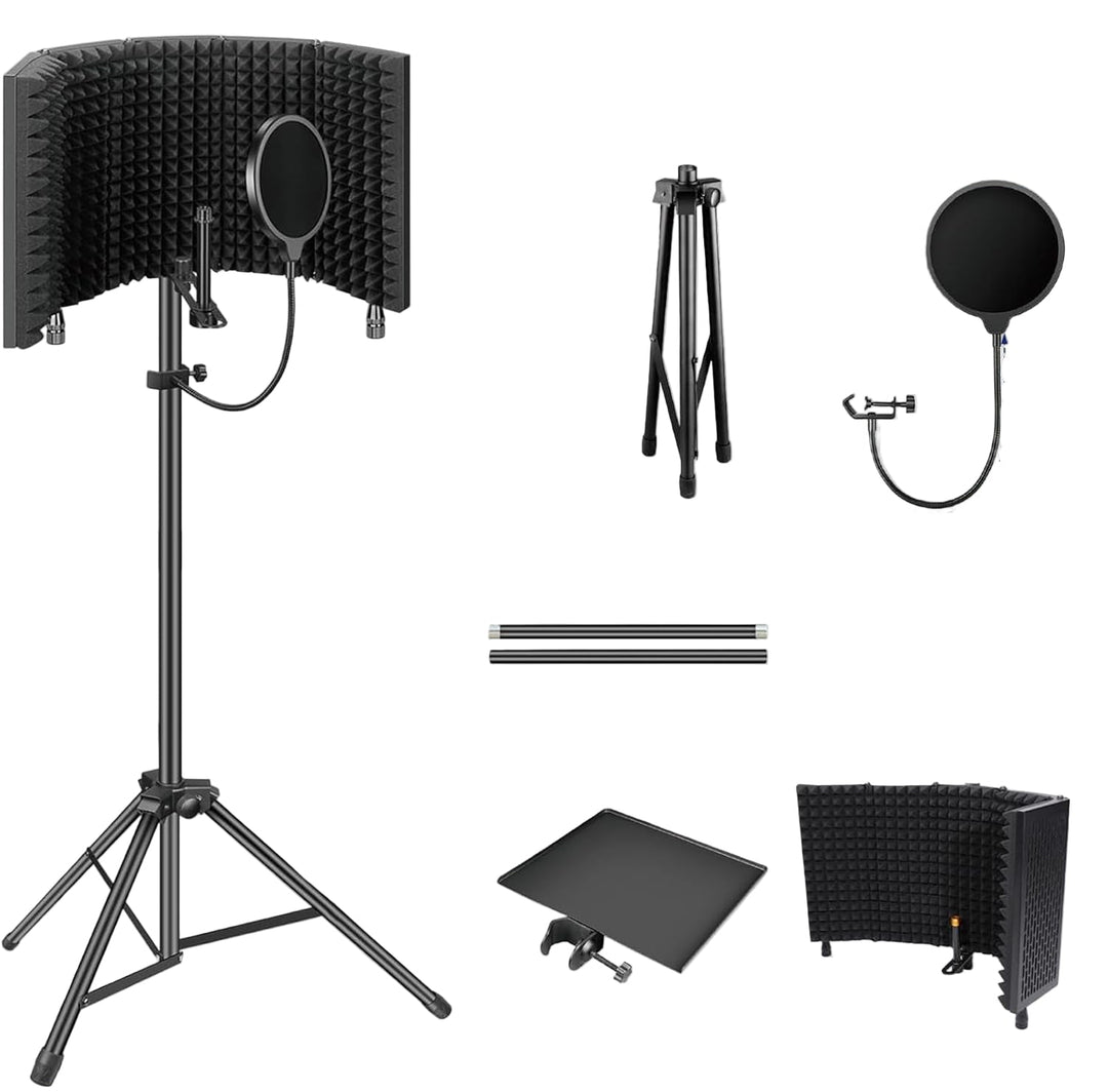 Studio equipment: microphone isolation shield with 3 layers of foam and sturdy tripod stand