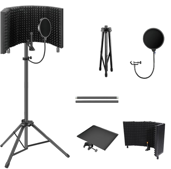 Studio equipment: microphone isolation shield with 3 layers of foam and sturdy tripod stand