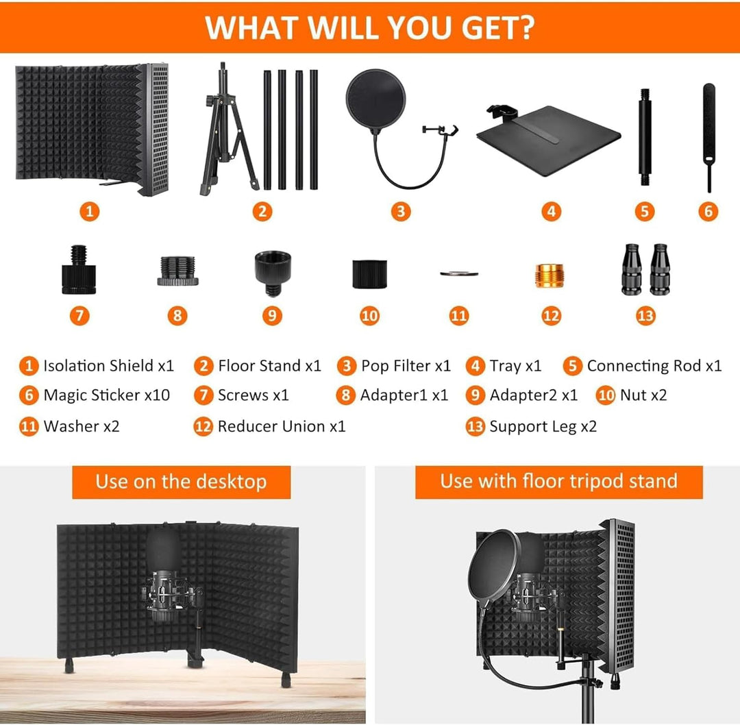 Acoustic foam microphone isolation shield on tripod stand, essential for quality audio recording
