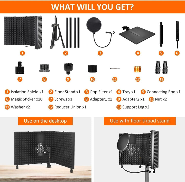 Acoustic foam microphone isolation shield on tripod stand, essential for quality audio recording