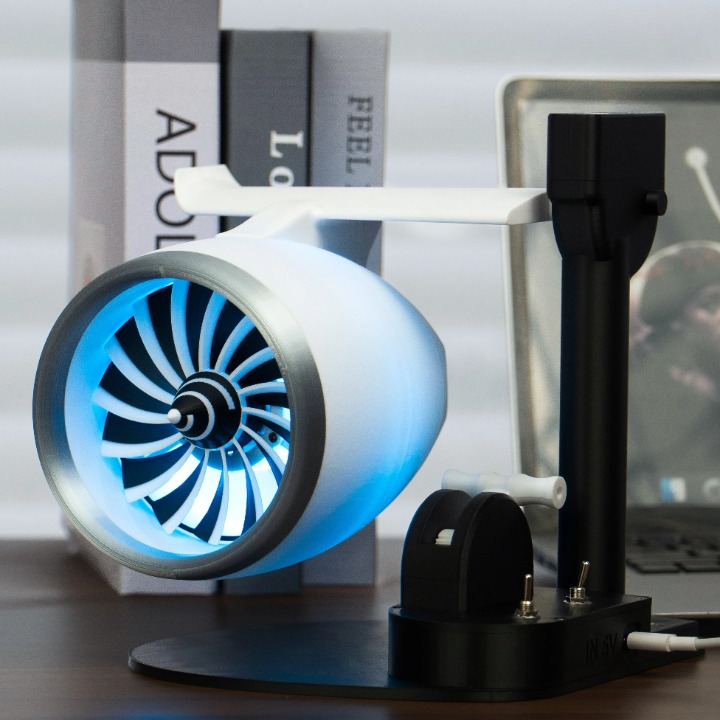 Close-up of Turbojet fan-style mist humidifier showing cool mist and LED light