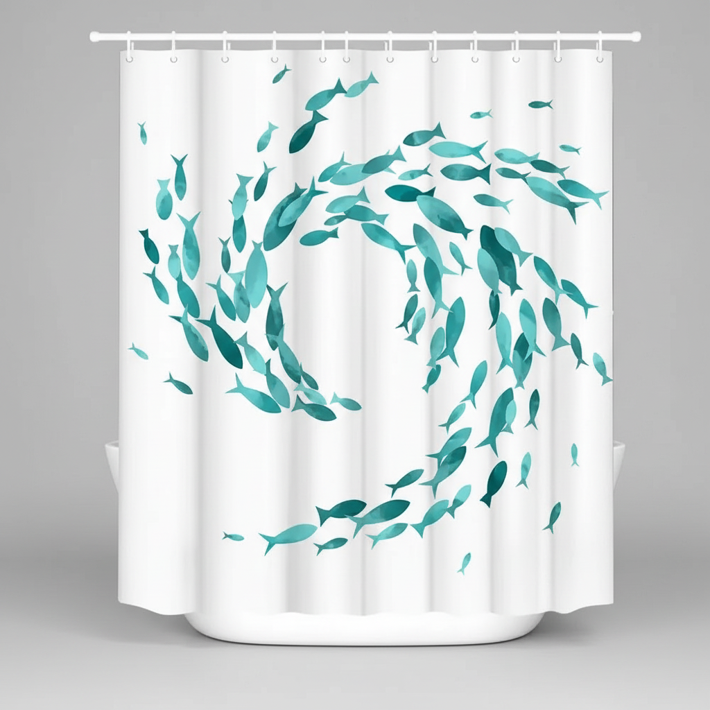 Washable turquoise fabric shower curtain featuring white fish, water-repellent, ideal for bathroom. Hooks included.