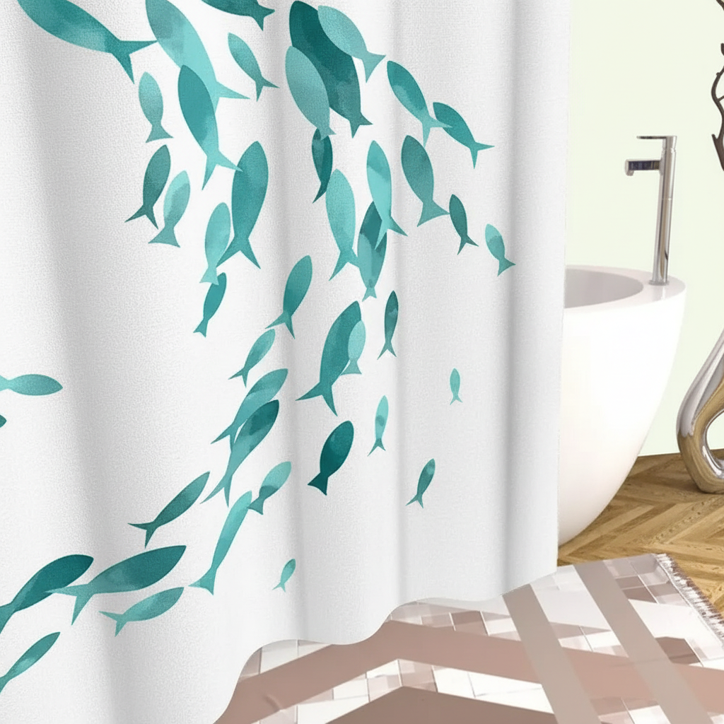 Nautical-themed fabric shower curtain, turquoise with fish pattern, 72x72 inches, with hooks, easy to clean.