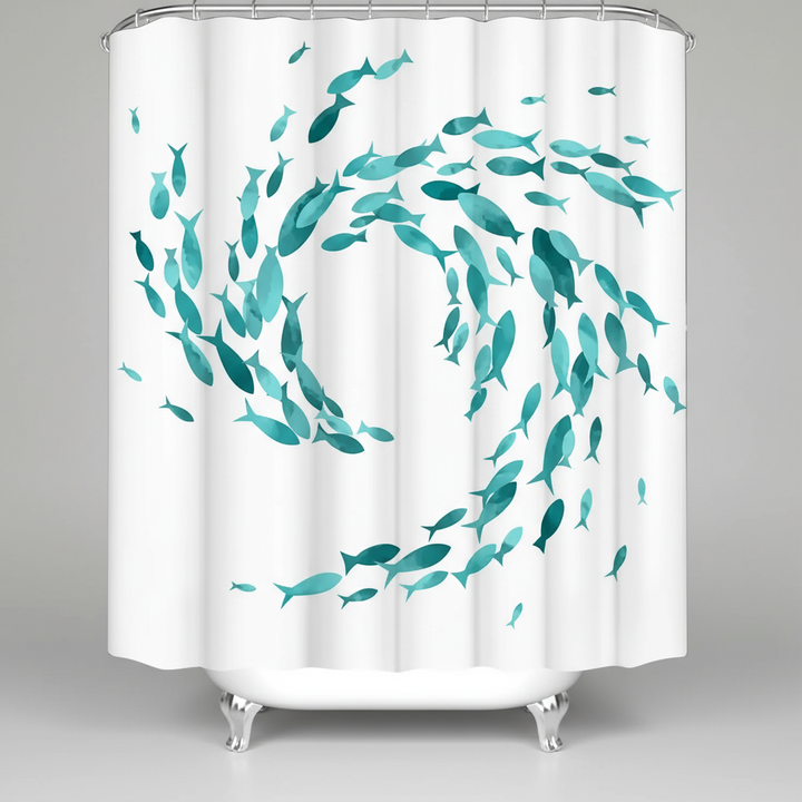 TurquiFin fish print fabric shower curtain, washable, water-repellent, with hooks, perfect for a nautical-style bathroom.